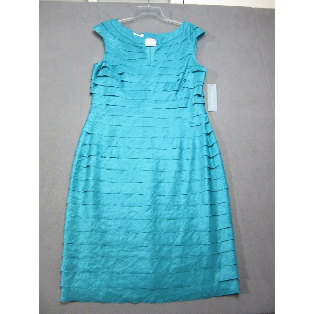 London Times Cocktail Dress Womens 16 Turquoise New Tiered Ruffle Sheath Shimmer
